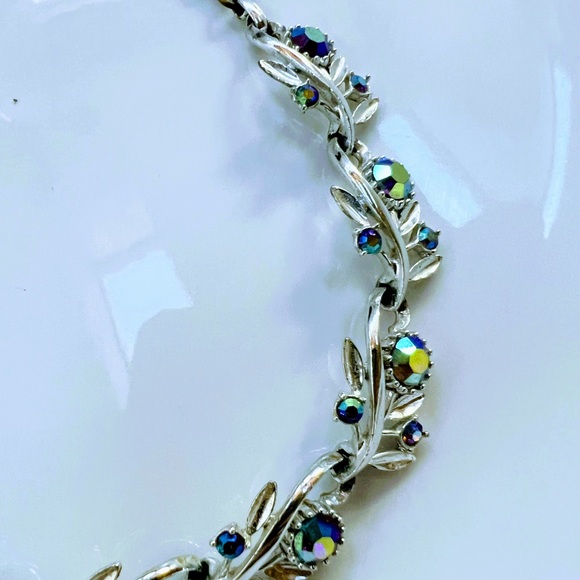 VTG SIGNED CORO BLUE, GREEN AURORA BOREALIS RHINESTONE SILVER CHOKER NECKLACE - Picture 4 of 7
